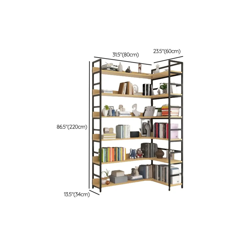 Libreria ad angolo a 6 ripiani a forma di L in legno e acciaio