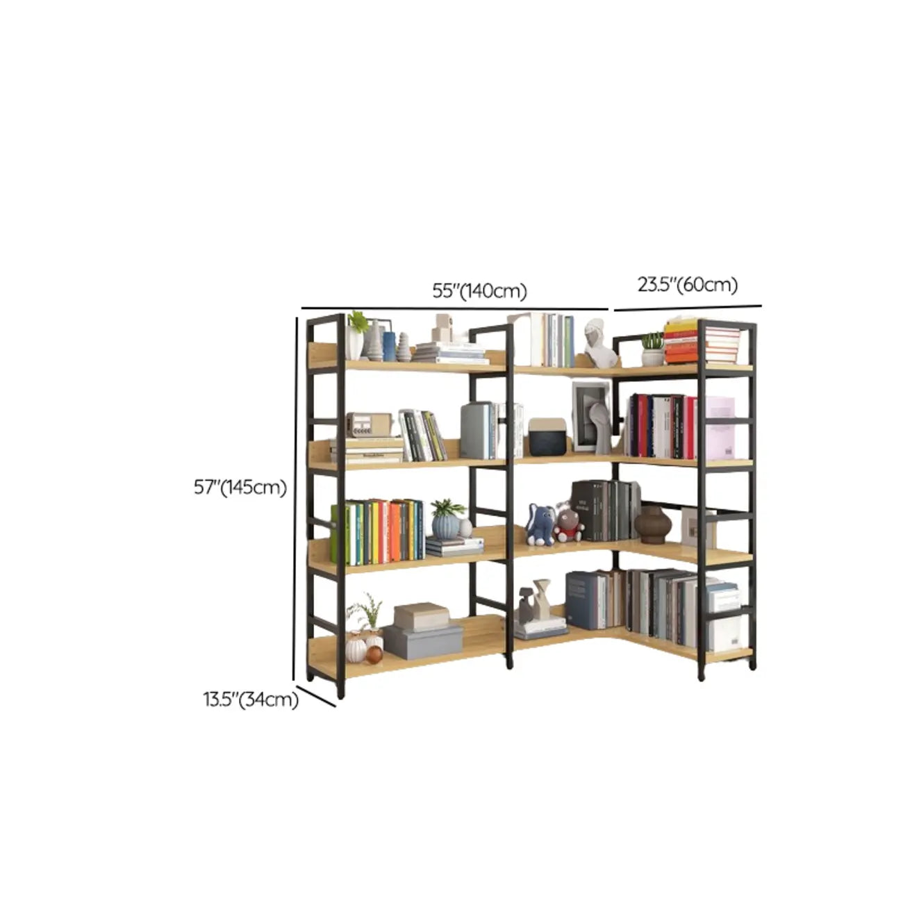 Libreria ad angolo a 6 ripiani a forma di L in legno e acciaio