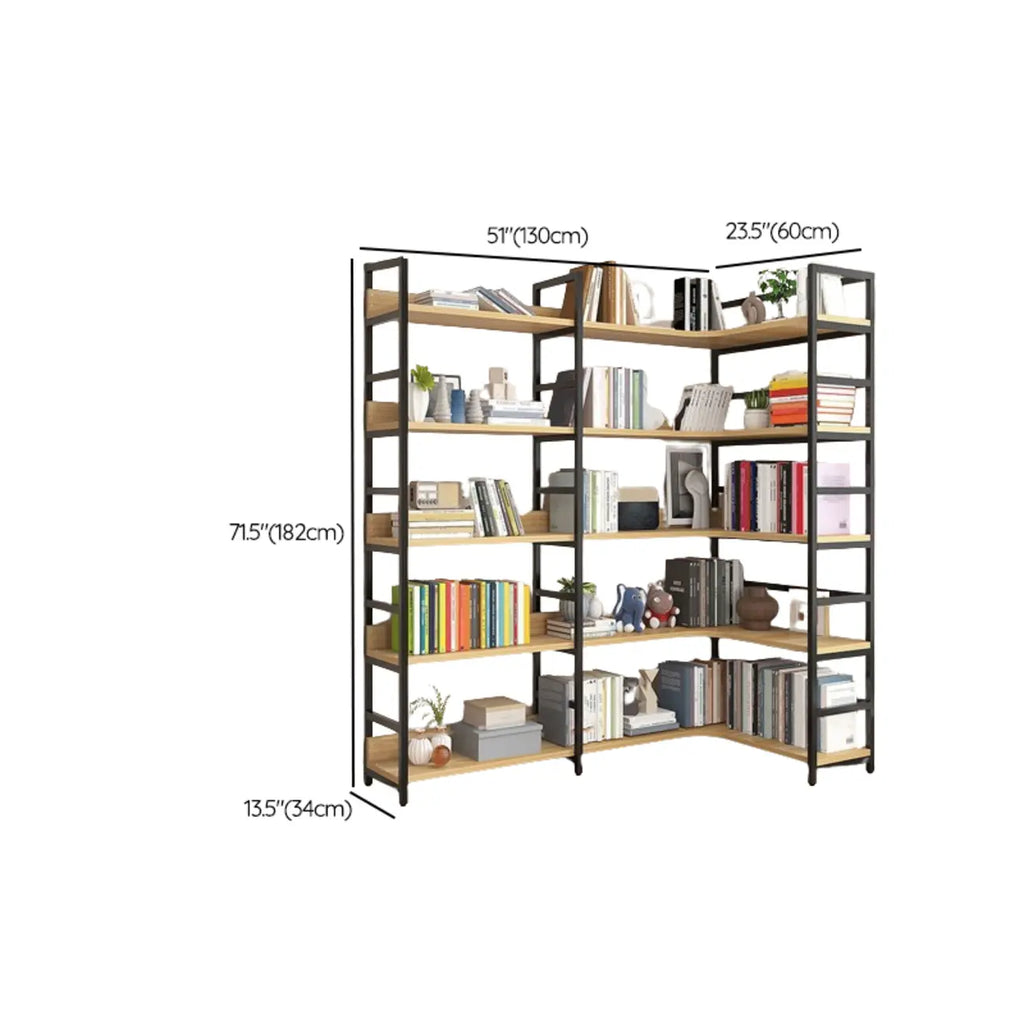 Libreria ad angolo a 6 ripiani a forma di L in legno e acciaio