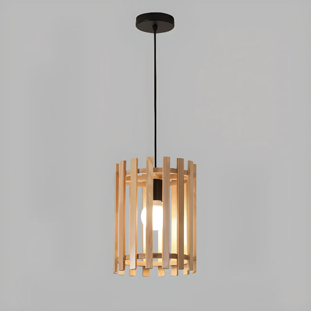 Lampada a Sospensione in Legno Rustico a Cilindro Regolabile in Altezza