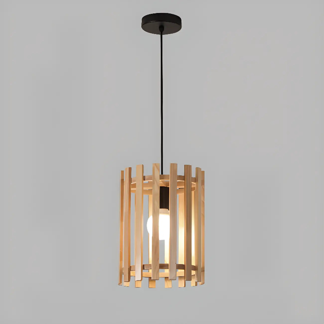 Lampada a Sospensione in Legno Rustico a Cilindro Regolabile in Altezza