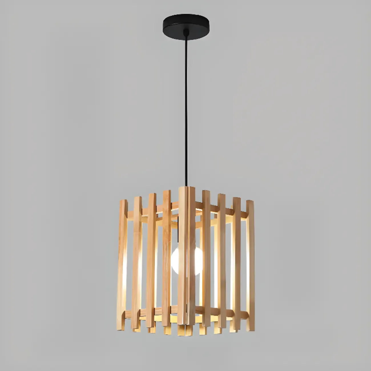 Lampada a Sospensione in Legno Rustico a Cilindro Regolabile in Altezza