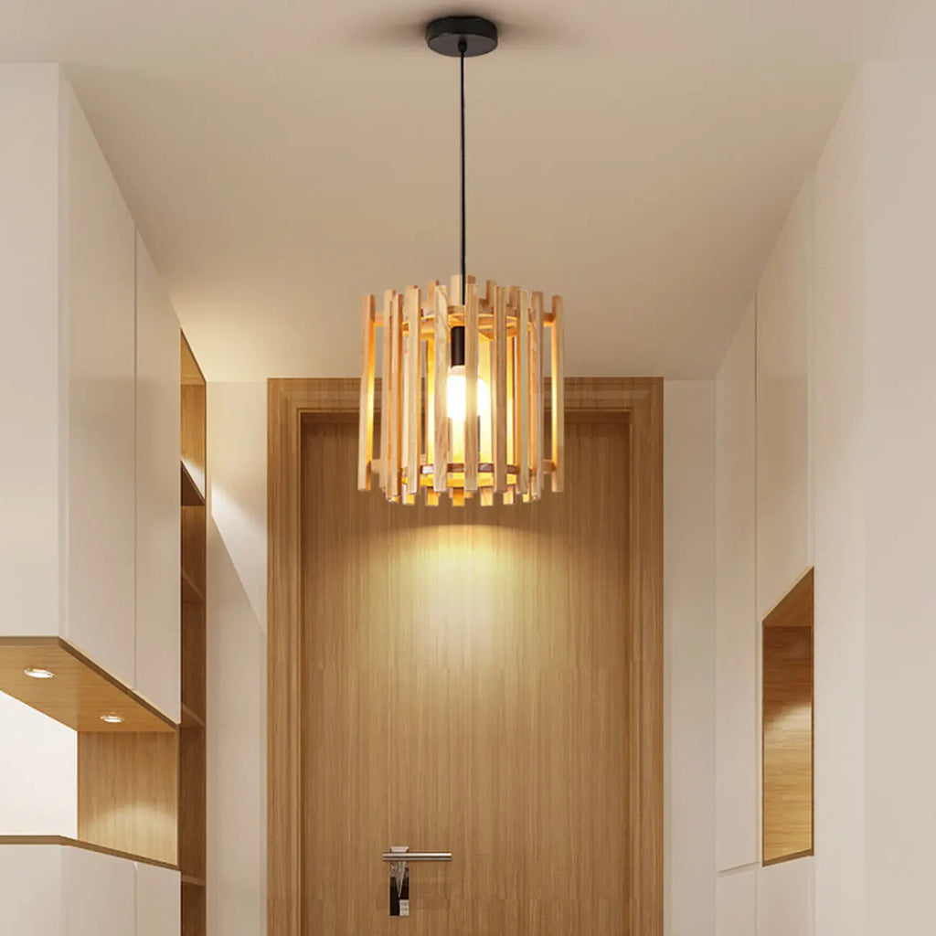 Lampada a Sospensione in Legno Rustico a Cilindro Regolabile in Altezza
