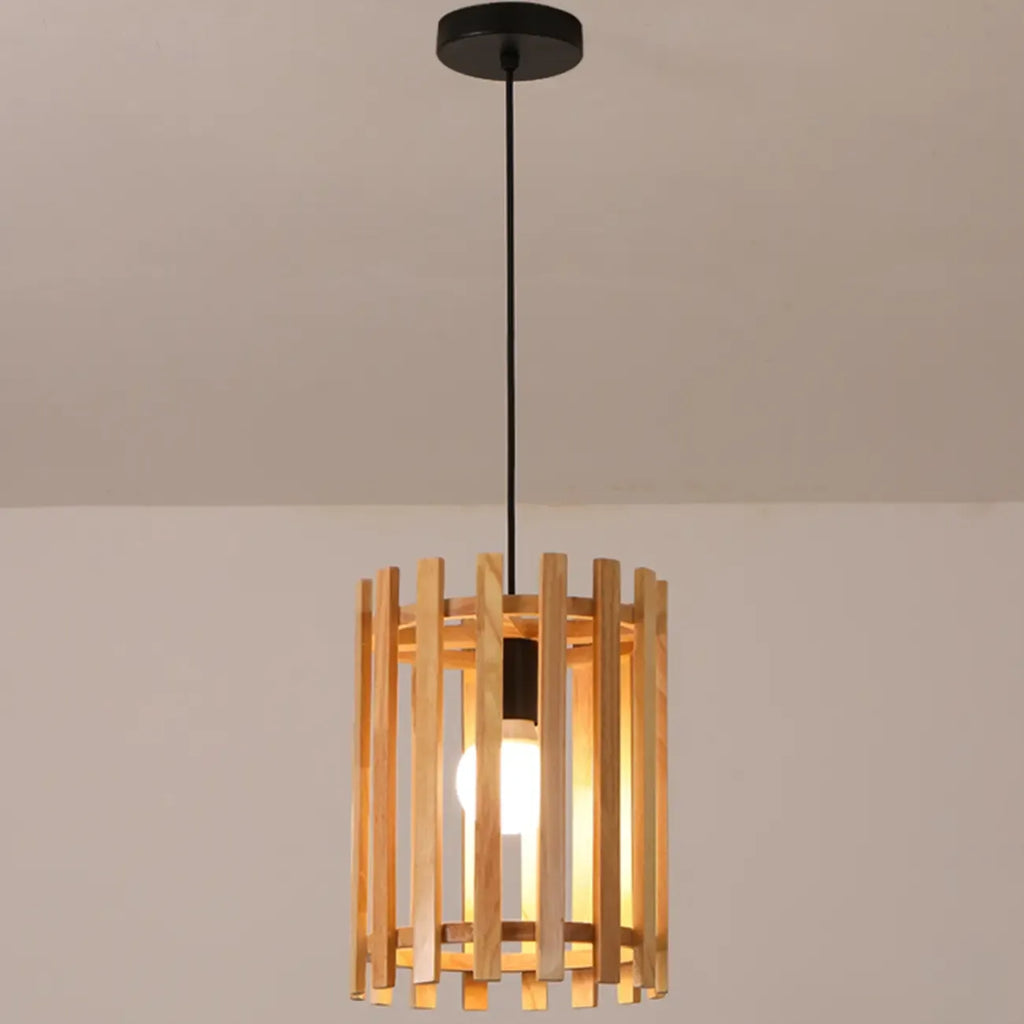 Lampada a Sospensione in Legno Rustico a Cilindro Regolabile in Altezza