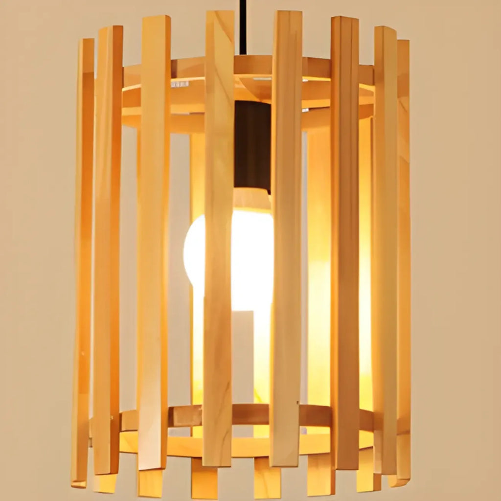 Lampada a Sospensione in Legno Rustico a Cilindro Regolabile in Altezza
