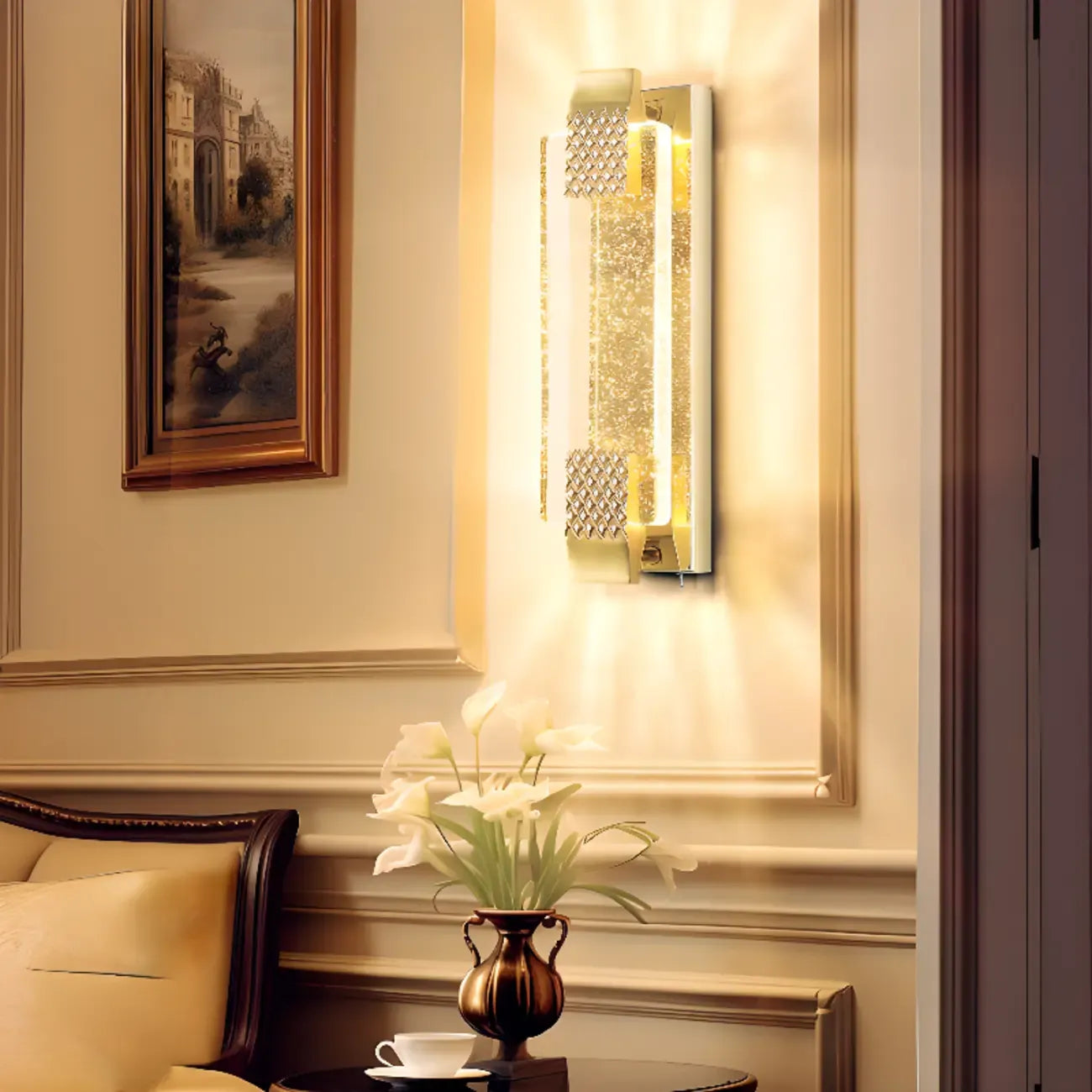 Applique murale LED rectangulaire glamour en cristal doré