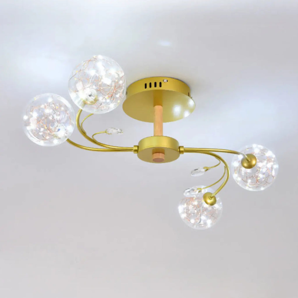 Plafonnier semi-encastré doré avec abat-jour en cristal et variateur à 3 niveaux
