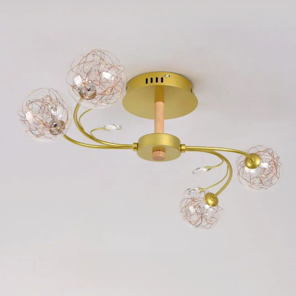 Plafonnier semi-encastré doré avec abat-jour en cristal et variateur à 3 niveaux