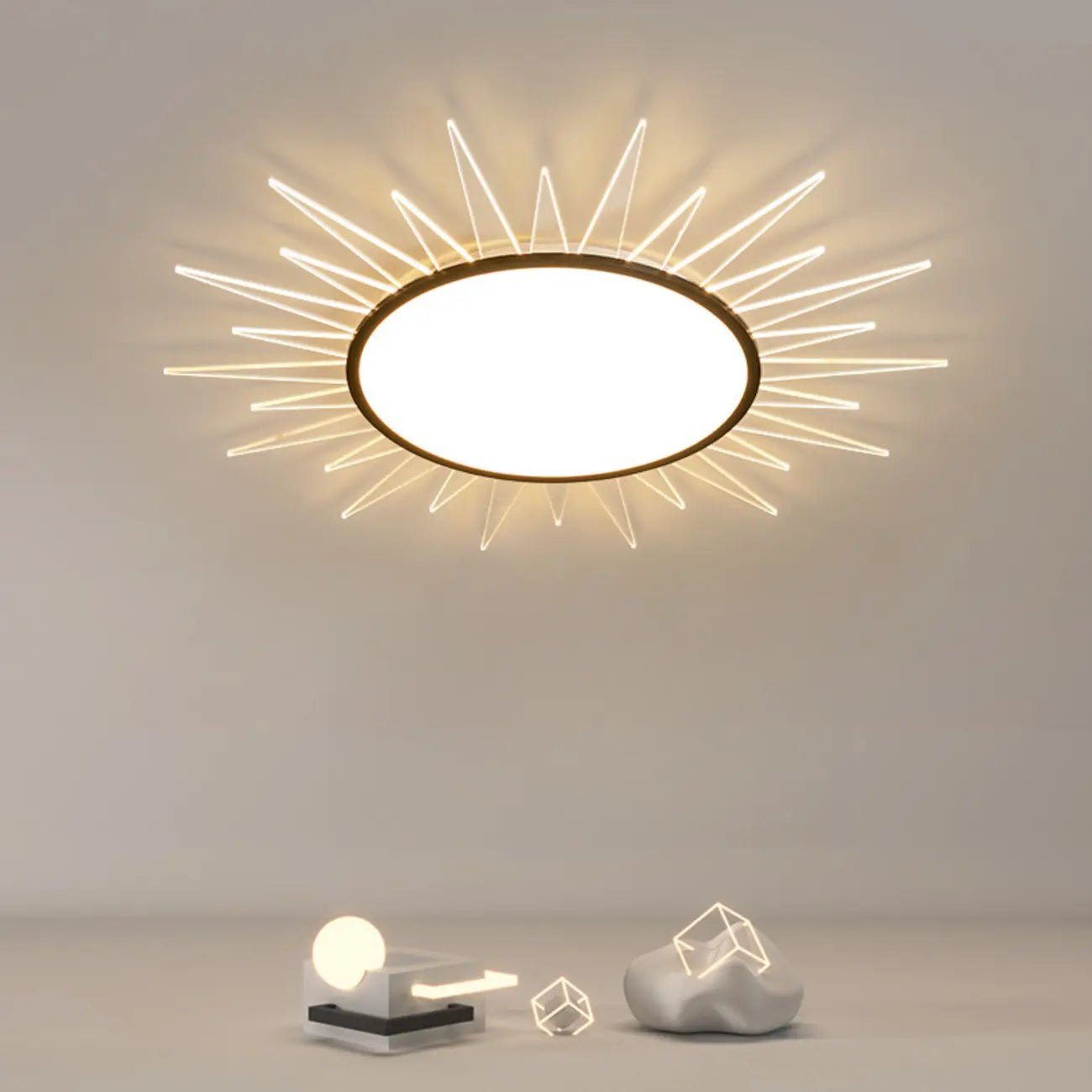 Grand plafonnier LED rond en acrylique à effet soleil