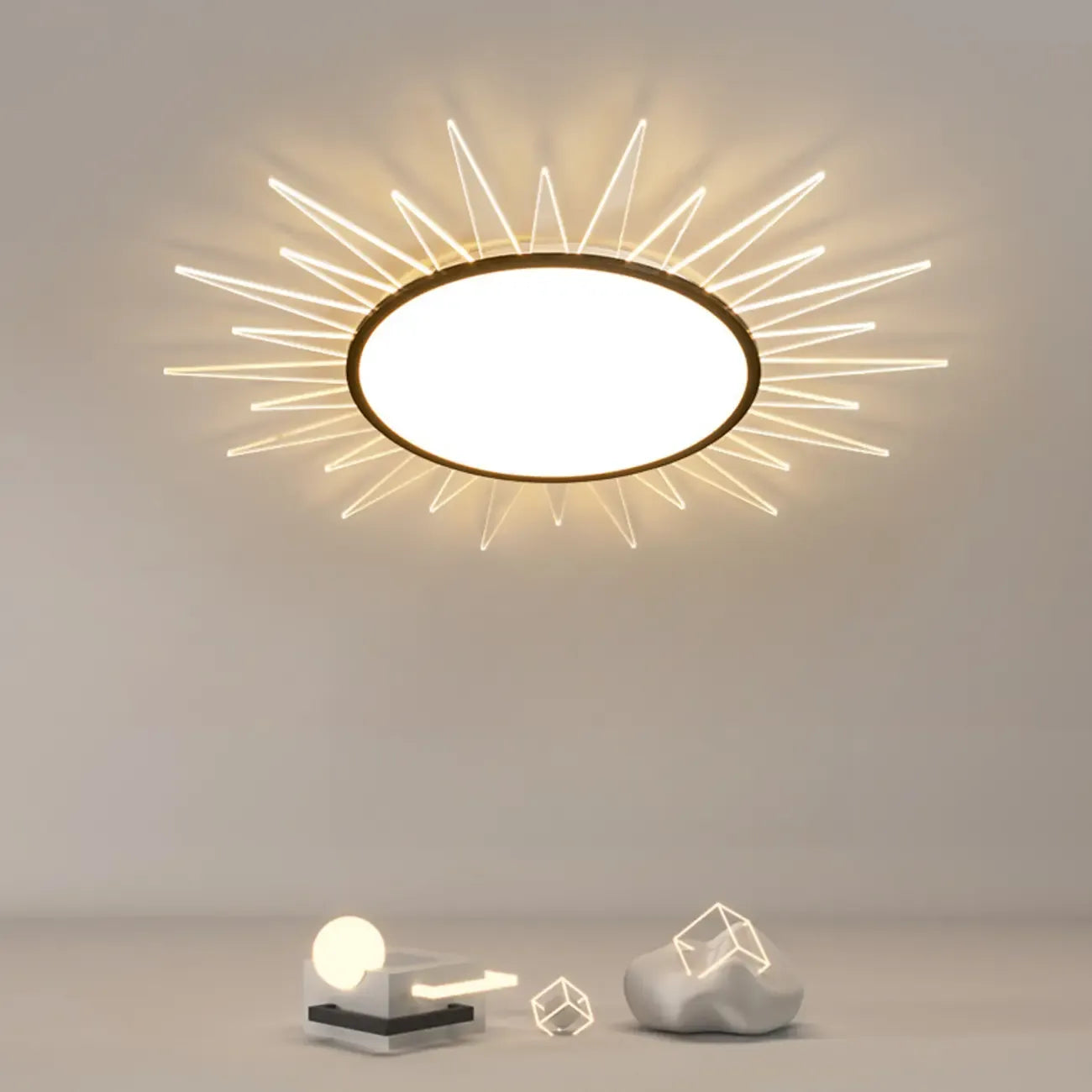 Grand plafonnier LED rond en acrylique à effet soleil