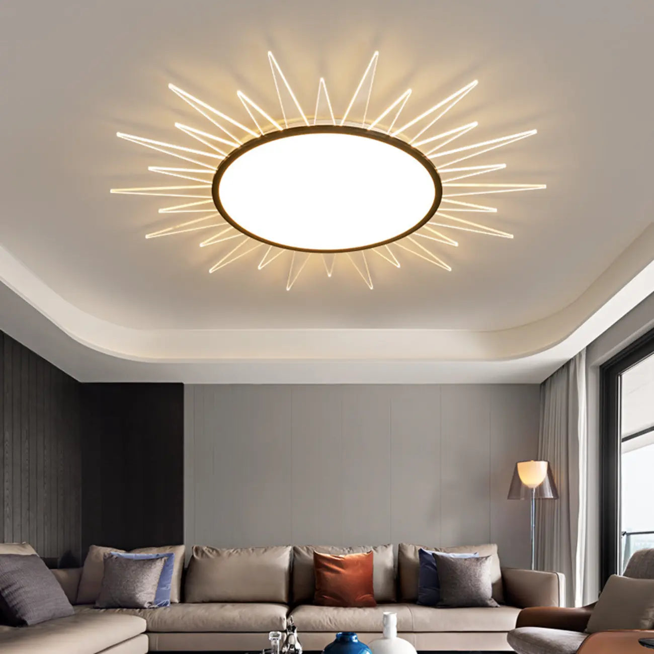 Grand plafonnier LED rond en acrylique à effet soleil