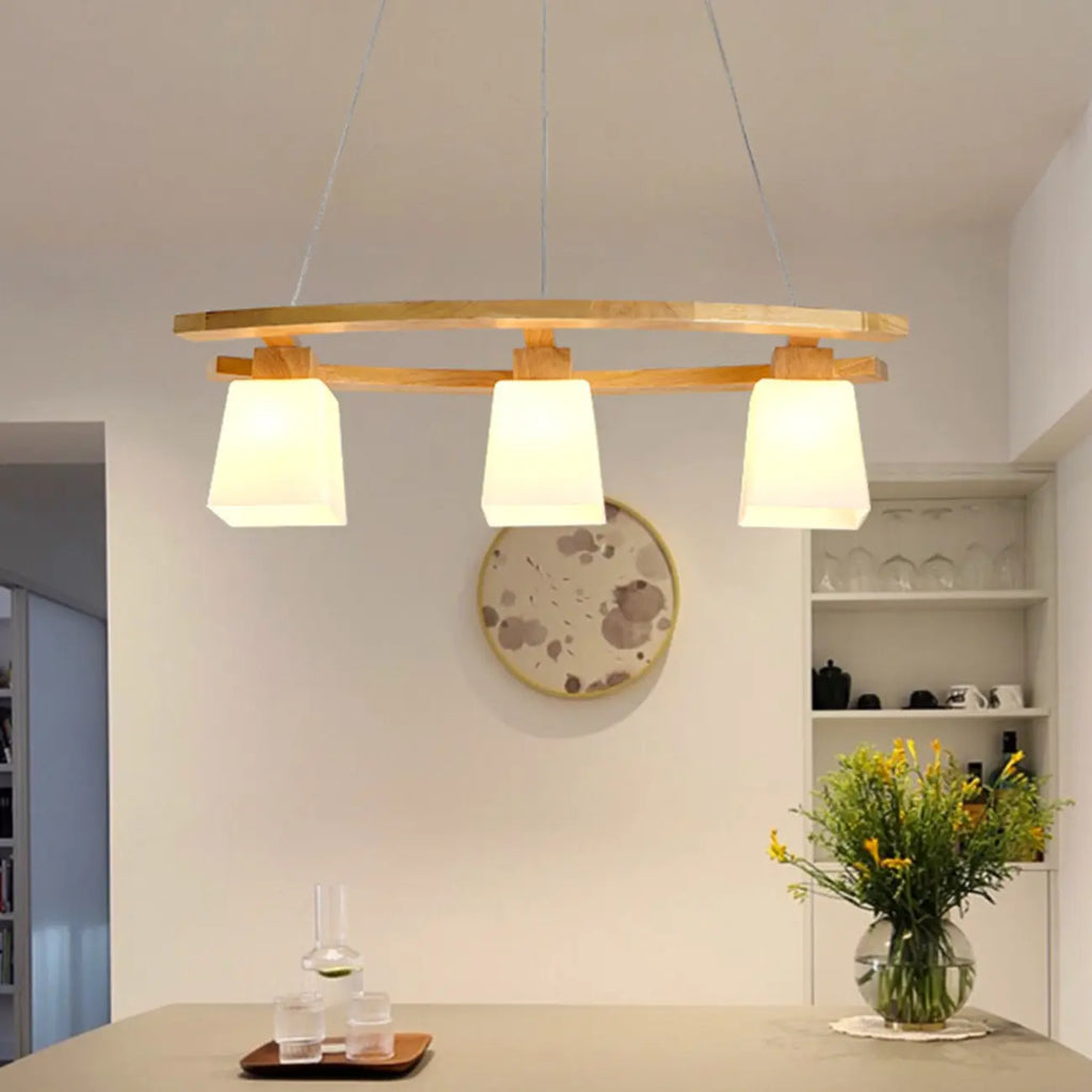 Suspension moderne à 3 lumières en bois et verre pour îlot de cuisine
