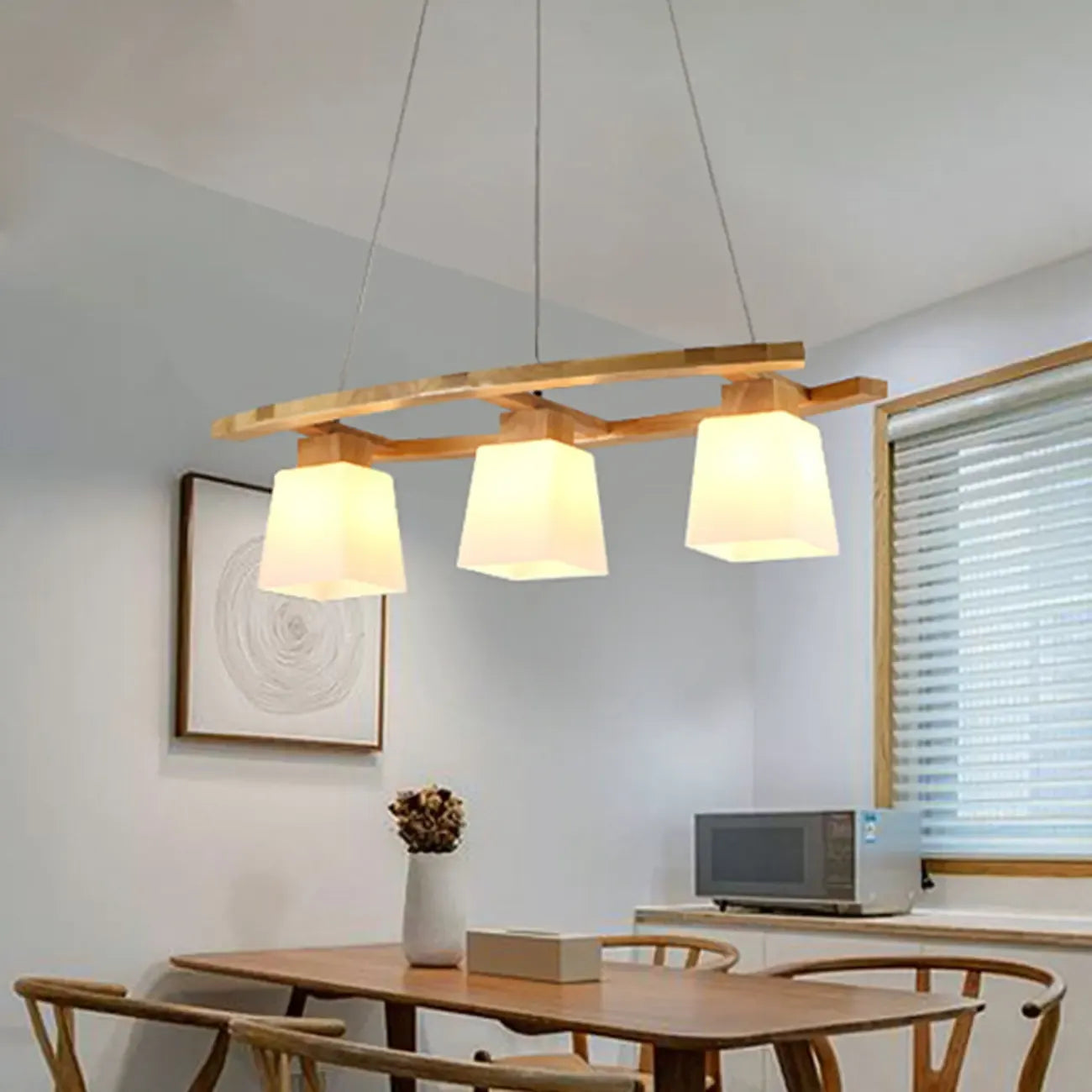 Suspension moderne à 3 lumières en bois et verre pour îlot de cuisine