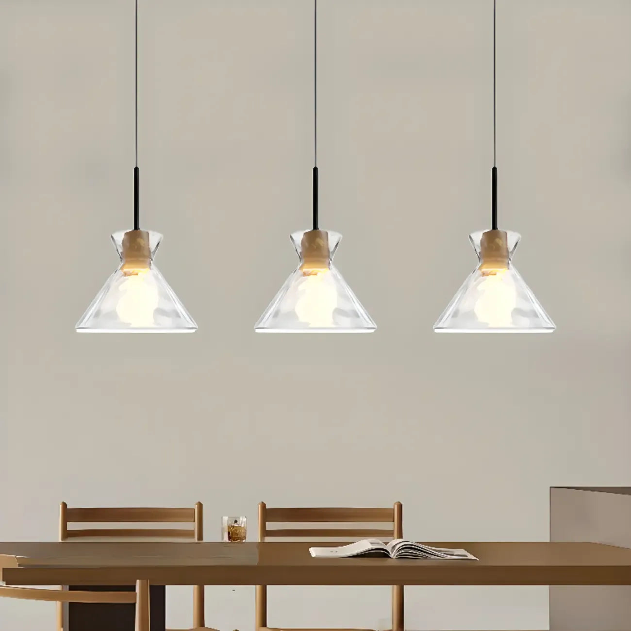Lampadario a sospensione da cucina a 3 luci con vetro trasparente