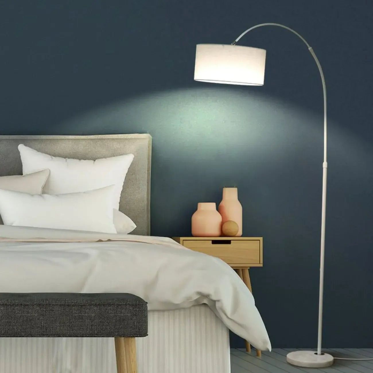 Lampadaire moderne à arc réglable avec abat-jour cylindrique pour salon