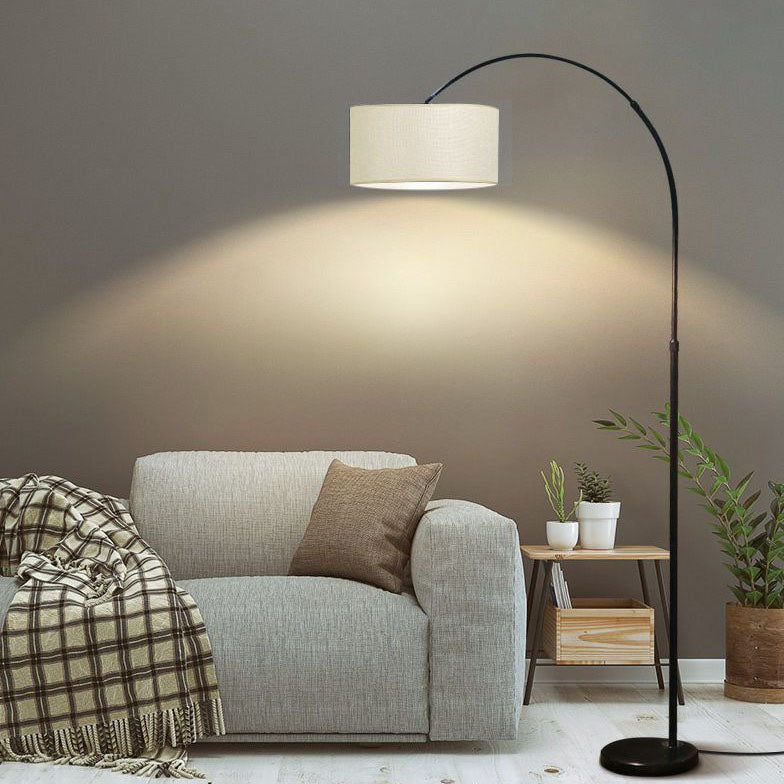 Lampadaire moderne à arc réglable avec abat-jour cylindrique pour salon