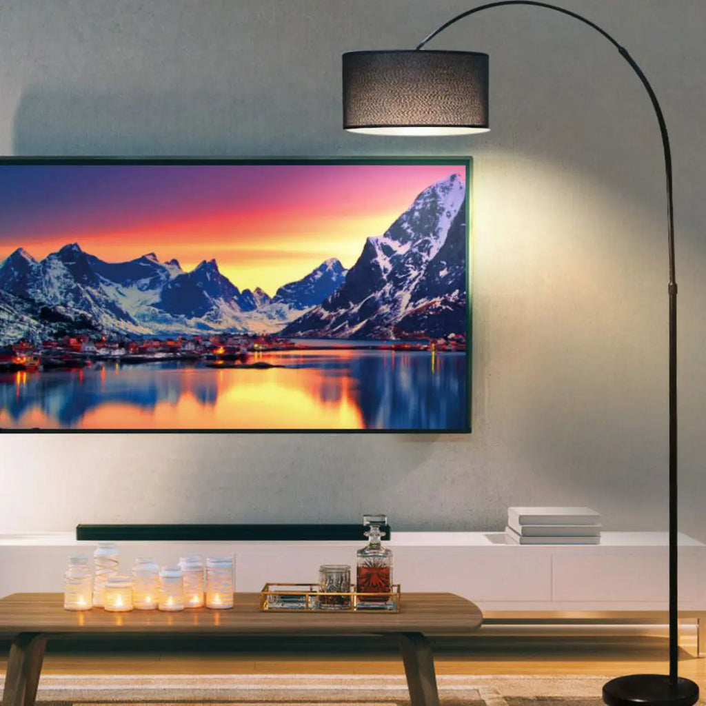 Lampadaire moderne à arc réglable avec abat-jour cylindrique pour salon