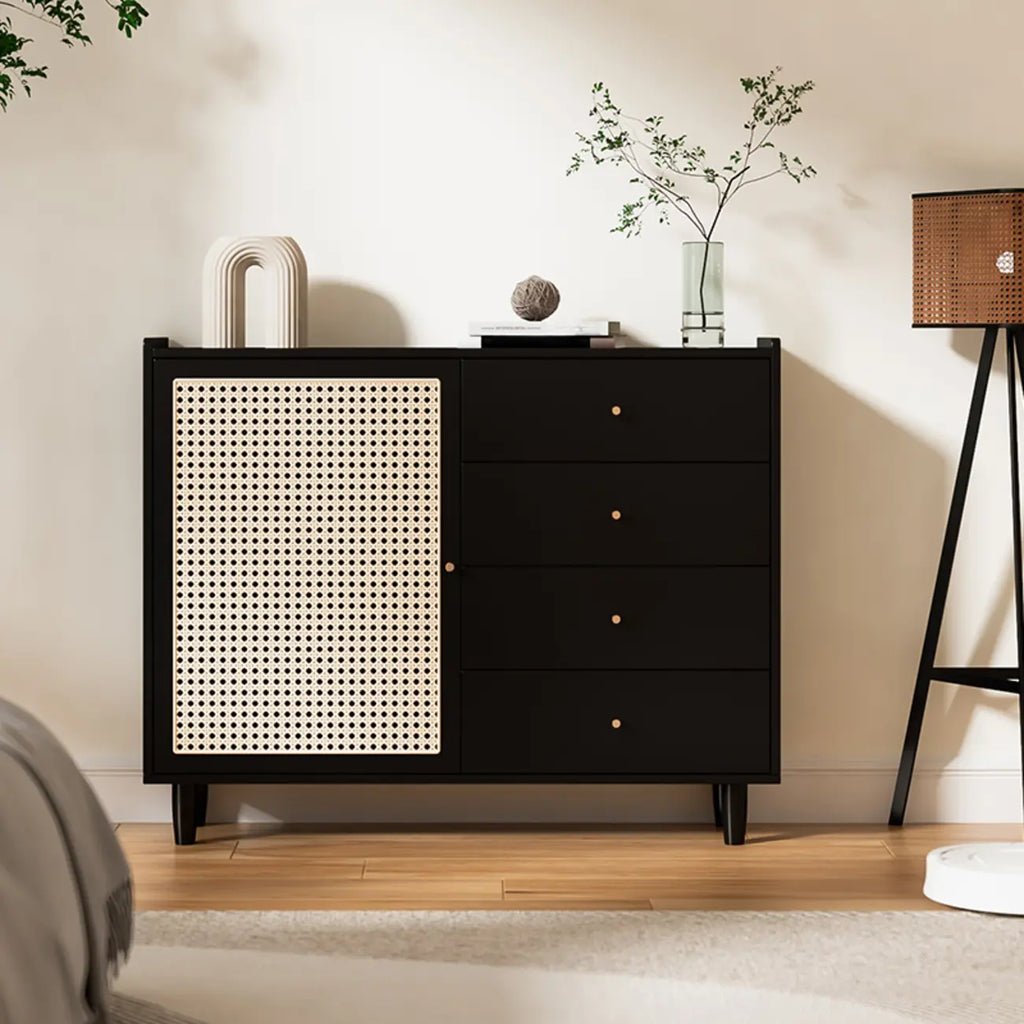 Armoire de rangement moderne en bois noir et rotin pour salon