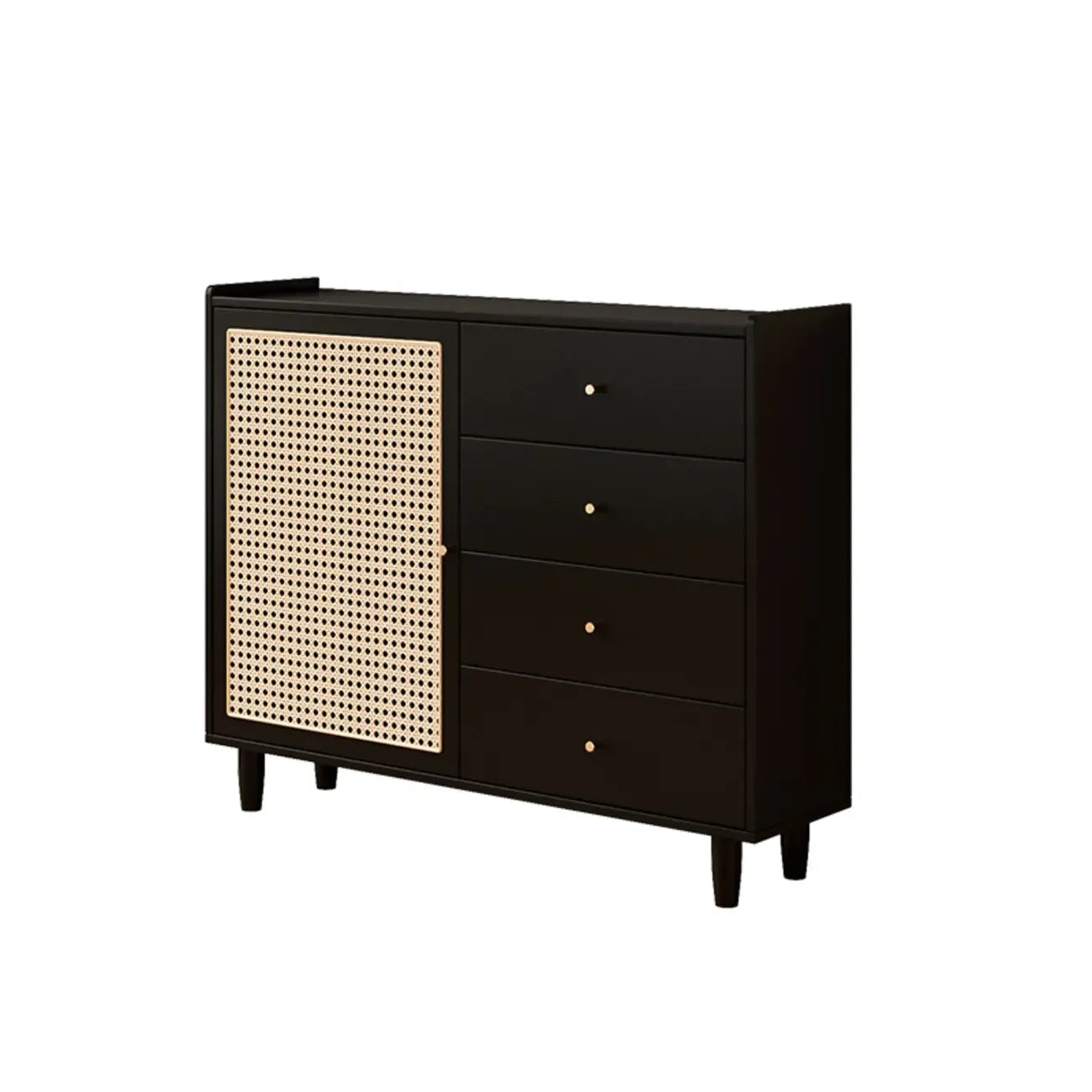 Armoire de rangement moderne en bois noir et rotin pour salon