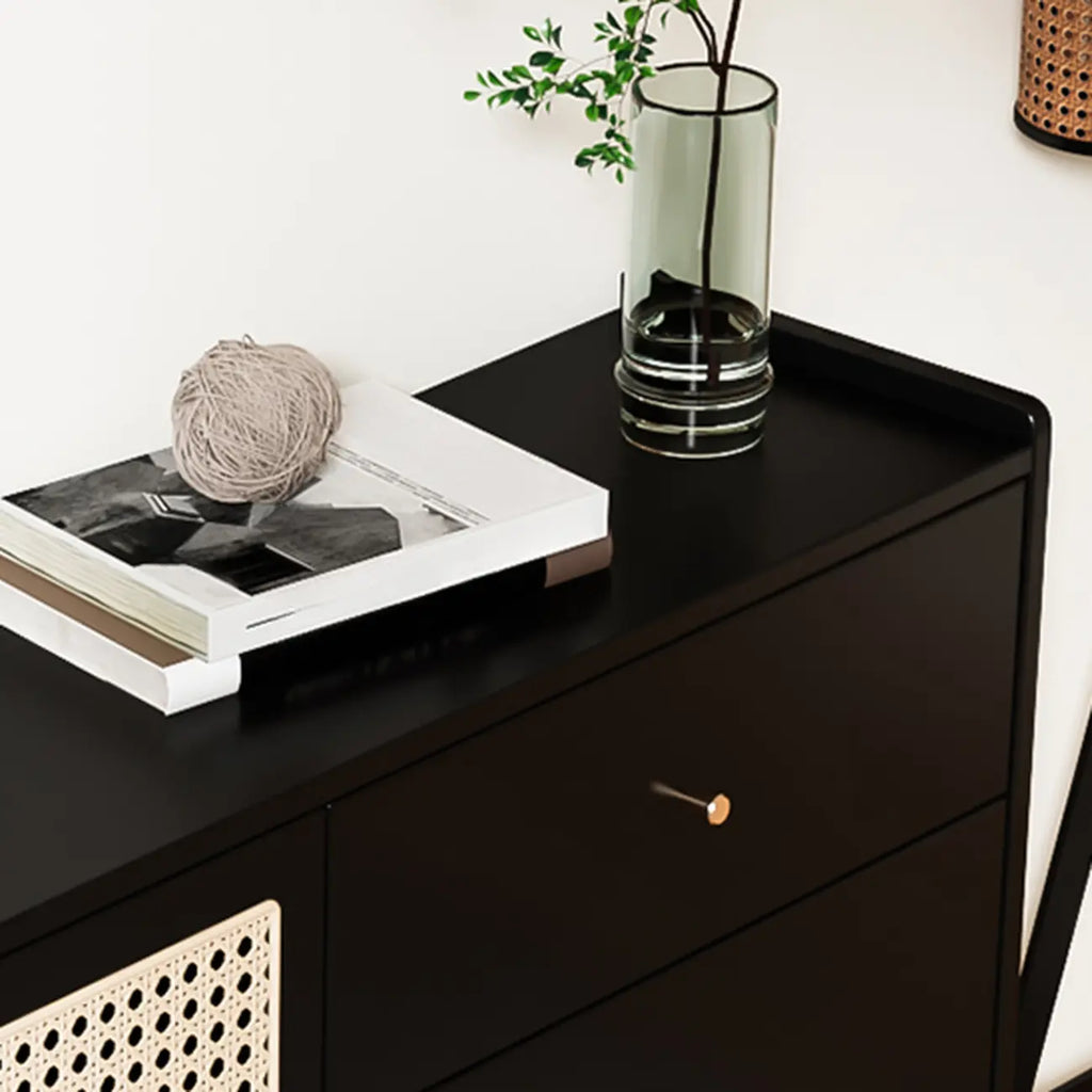 Armoire de rangement moderne en bois noir et rotin pour salon