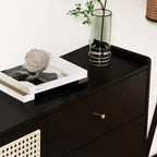 Armoire de rangement moderne en bois noir et rotin pour salon