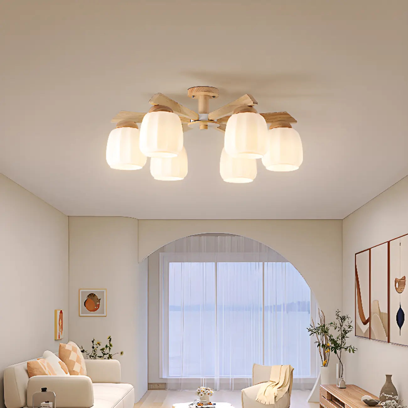 Plafonnier semi-encastré scandinave en verre blanc et bois