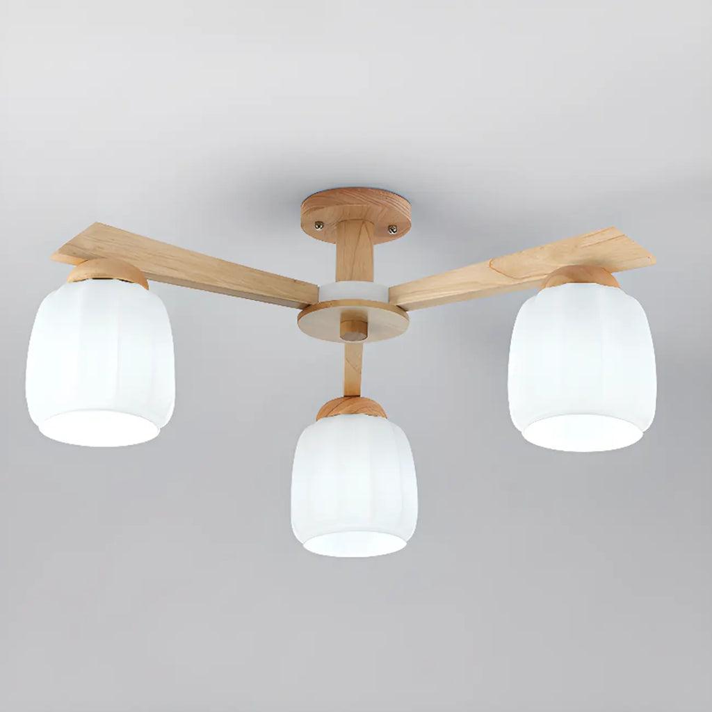 Plafonnier semi-encastré scandinave en verre blanc et bois