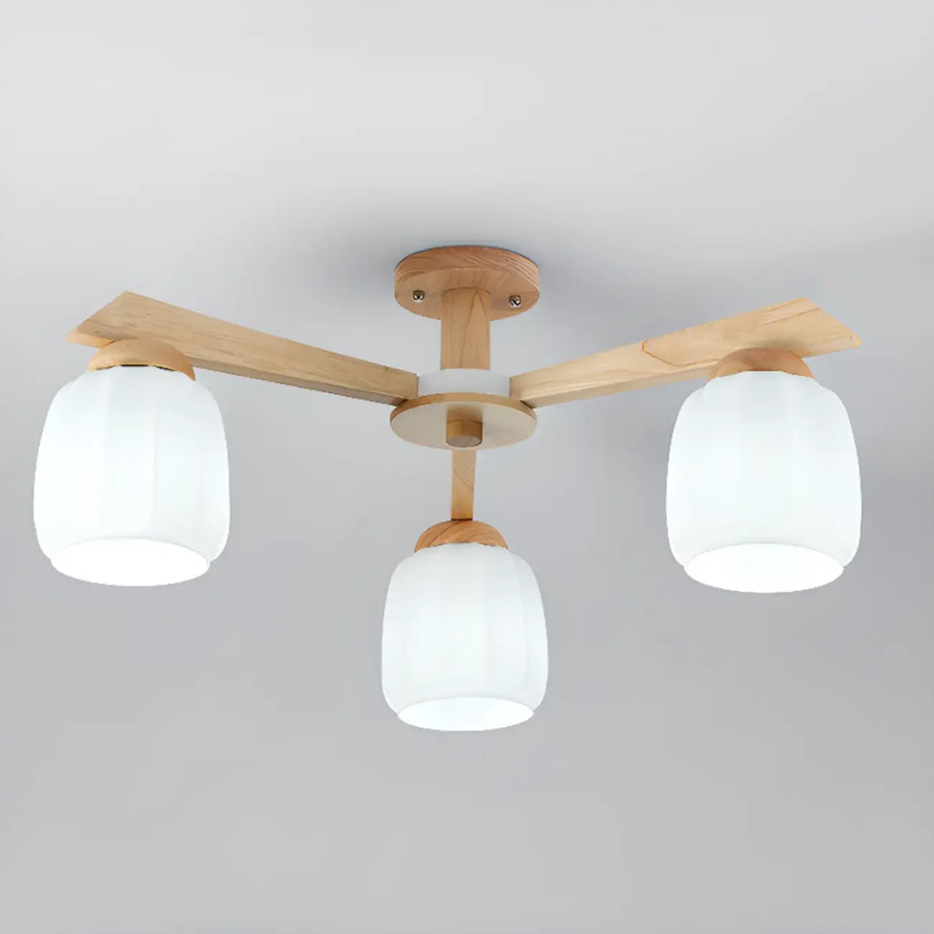 Plafonnier semi-encastré scandinave en verre blanc et bois