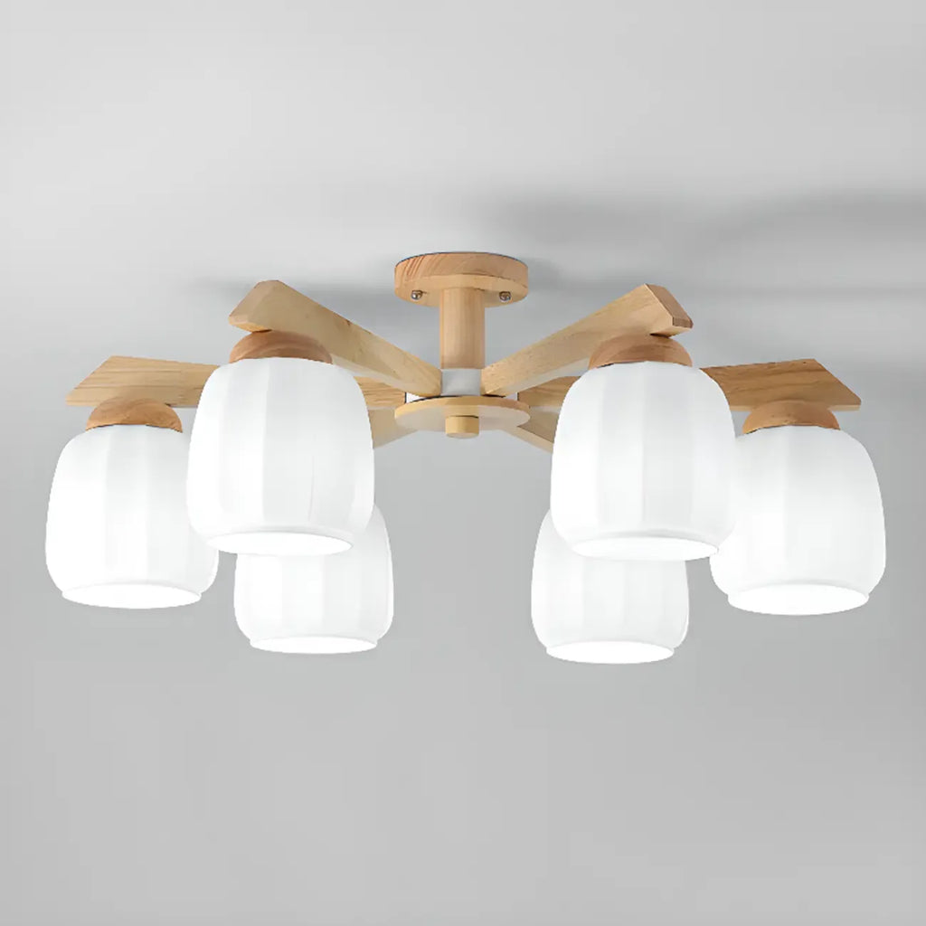 Plafonnier semi-encastré scandinave en verre blanc et bois
