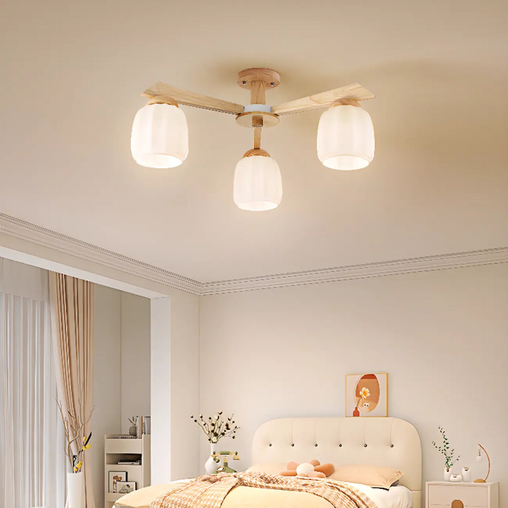 Plafonnier semi-encastré scandinave en verre blanc et bois