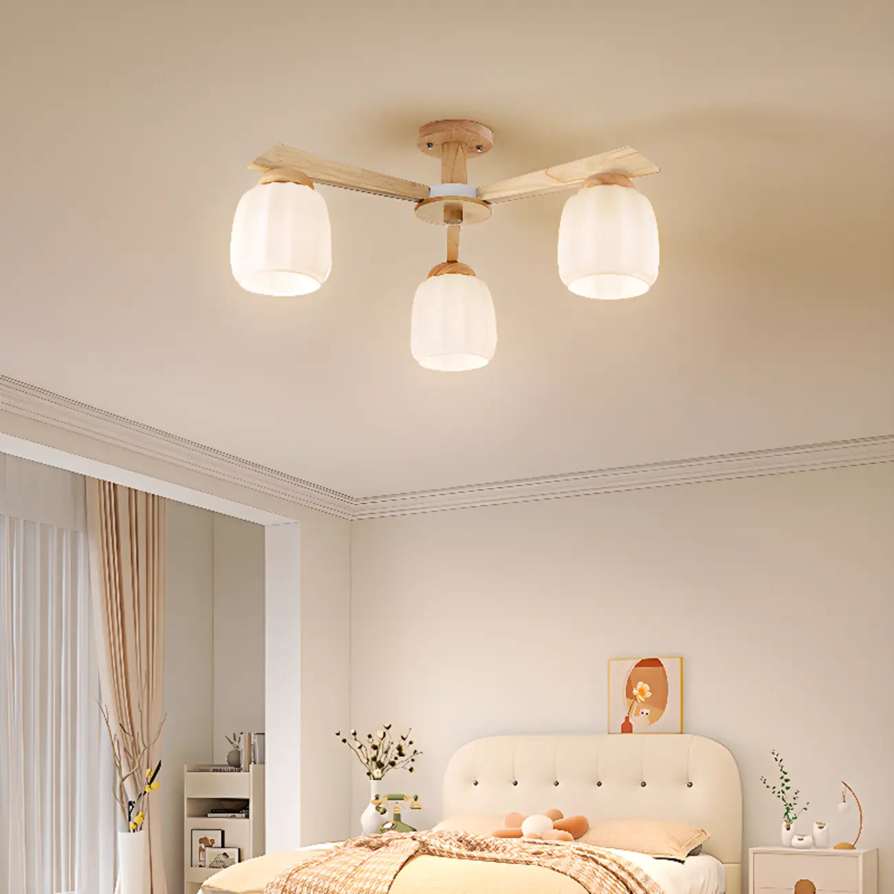 Plafonnier semi-encastré scandinave en verre blanc et bois