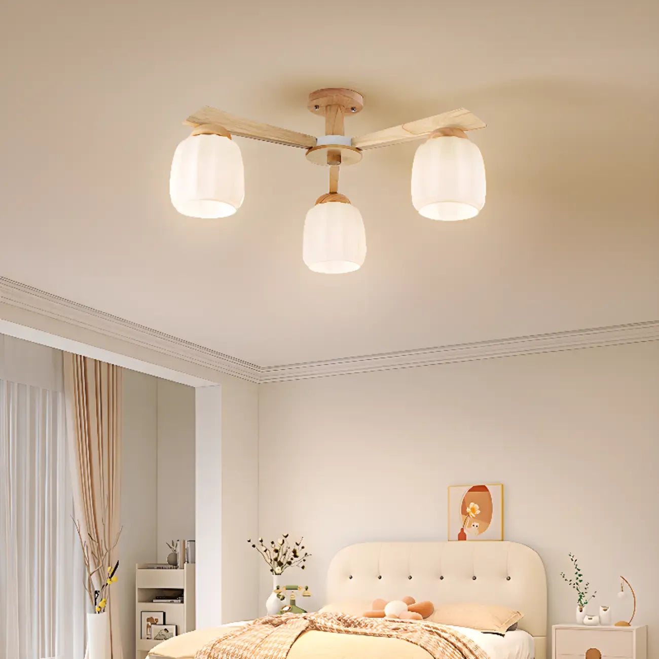 Plafonnier semi-encastré scandinave en verre blanc et bois