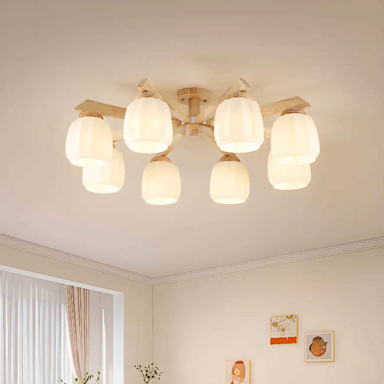Plafonnier semi-encastré scandinave en verre blanc et bois