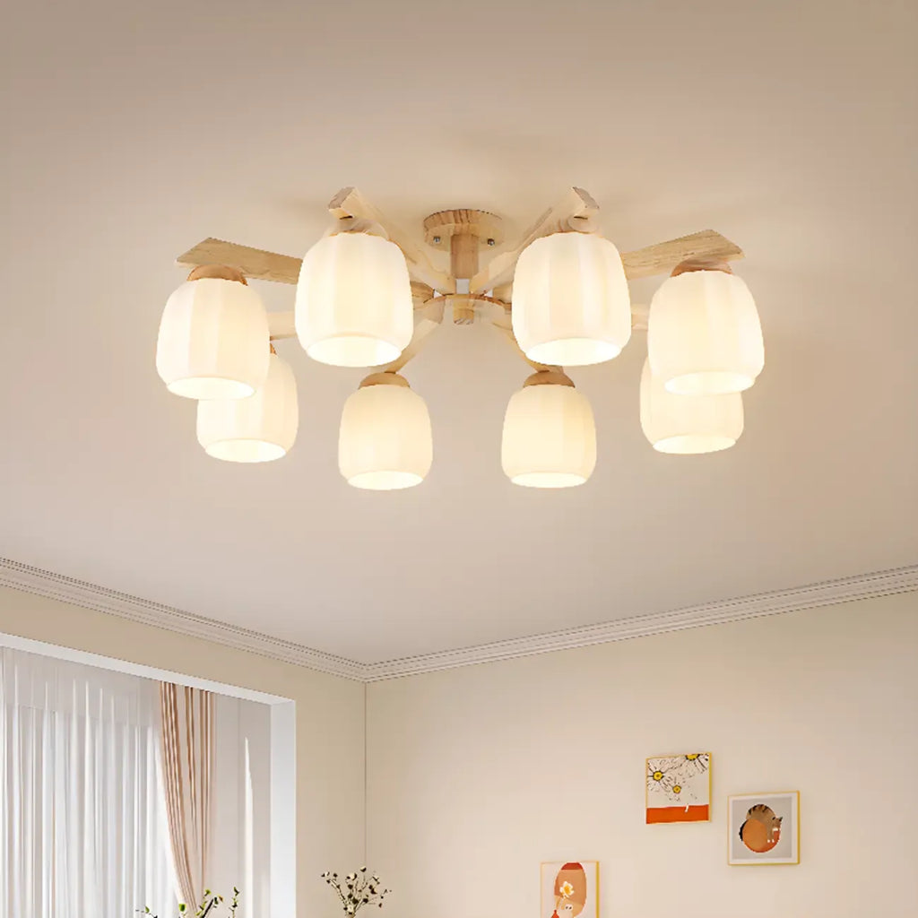 Plafonnier semi-encastré scandinave en verre blanc et bois