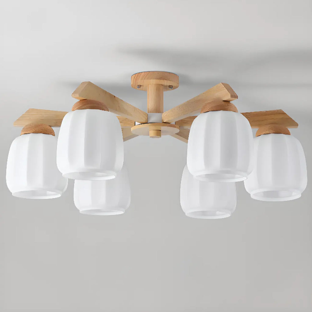 Plafonnier semi-encastré scandinave en verre blanc et bois