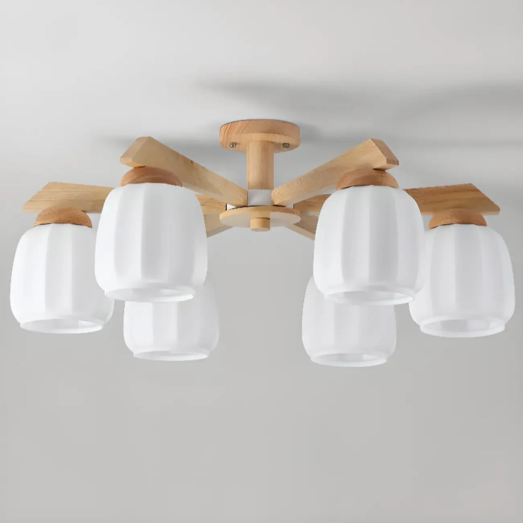 Plafonnier semi-encastré scandinave en verre blanc et bois