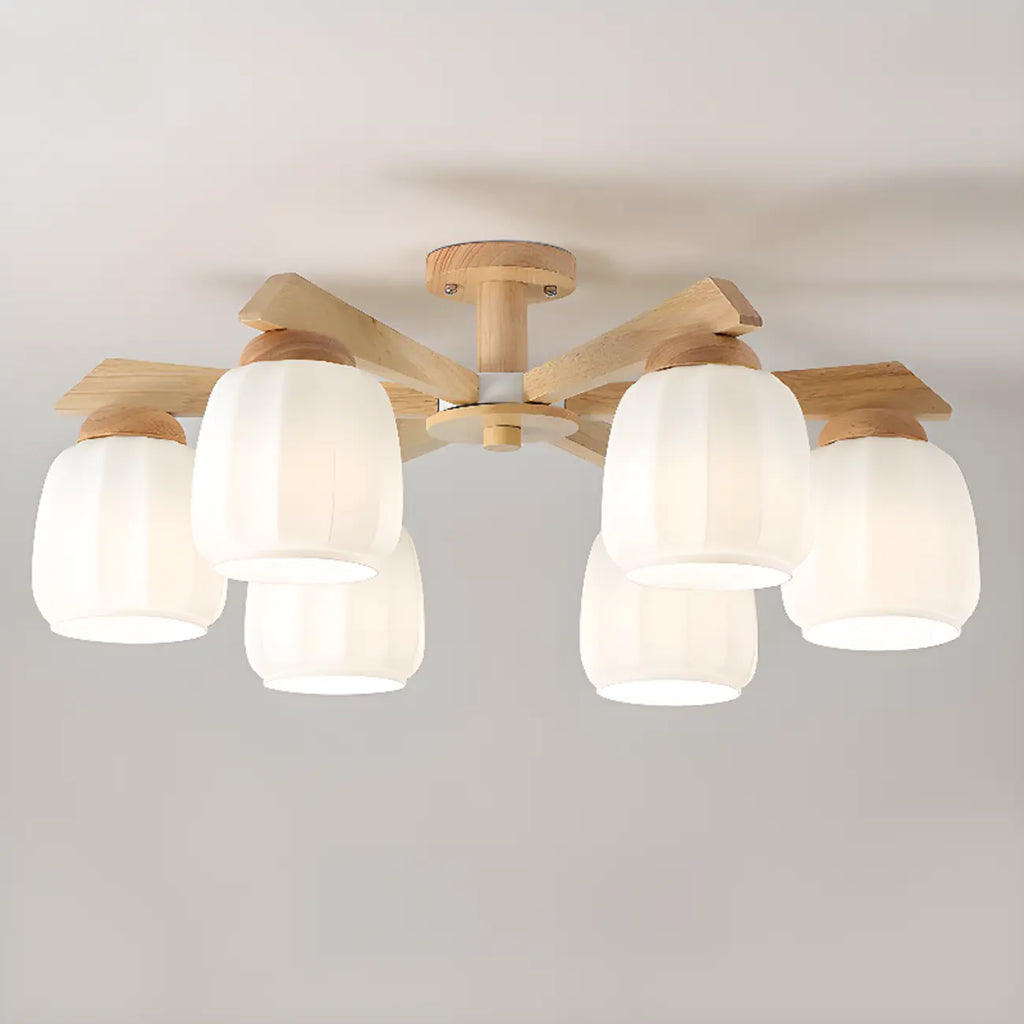 Plafonnier semi-encastré scandinave en verre blanc et bois