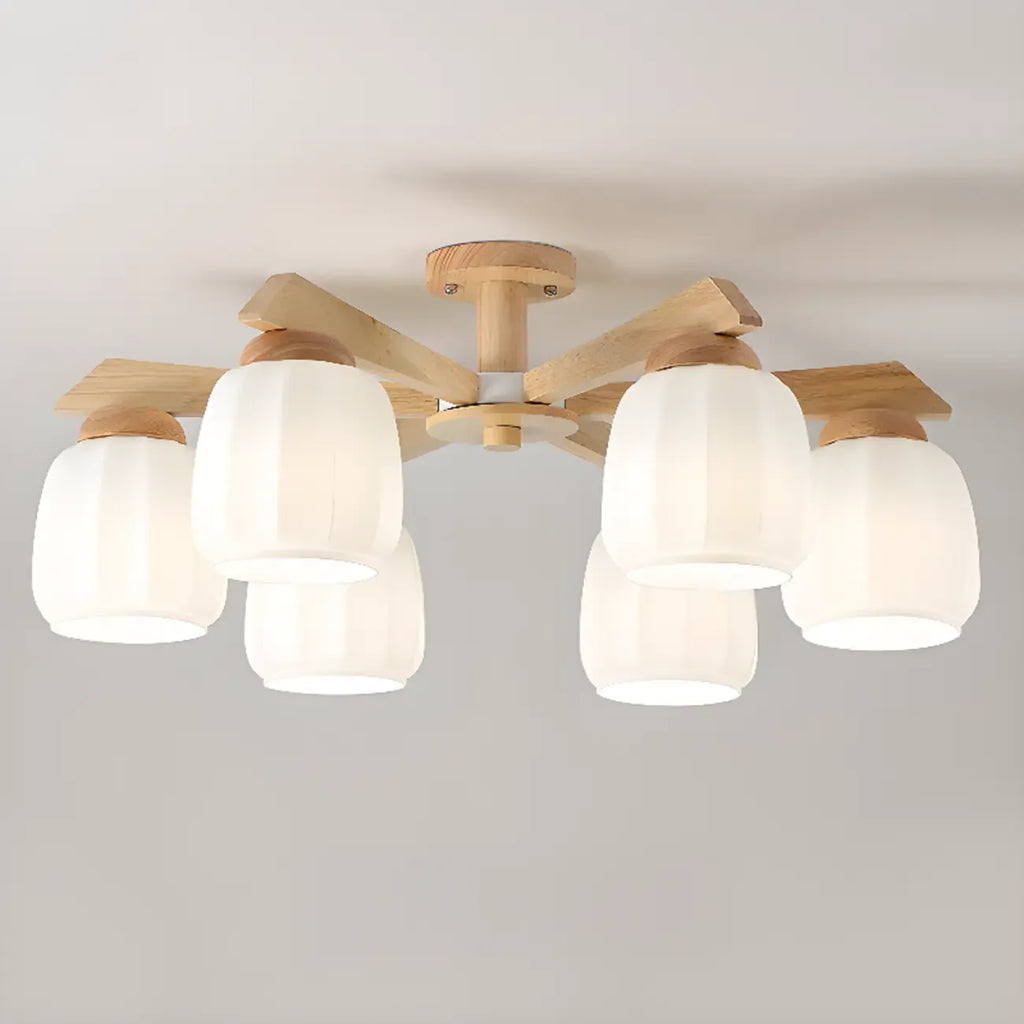 Plafonnier semi-encastré scandinave en verre blanc et bois