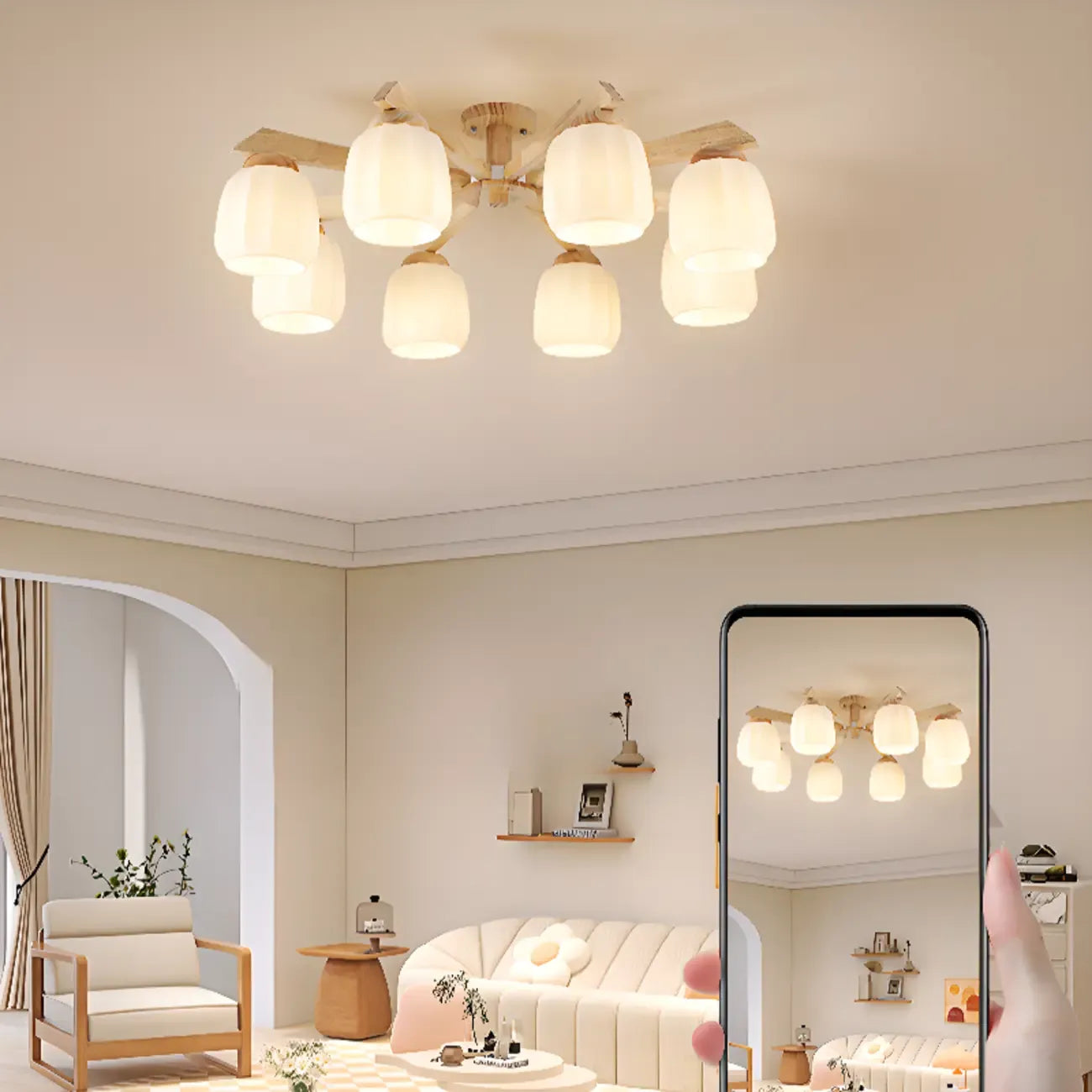 Plafonnier semi-encastré scandinave en verre blanc et bois