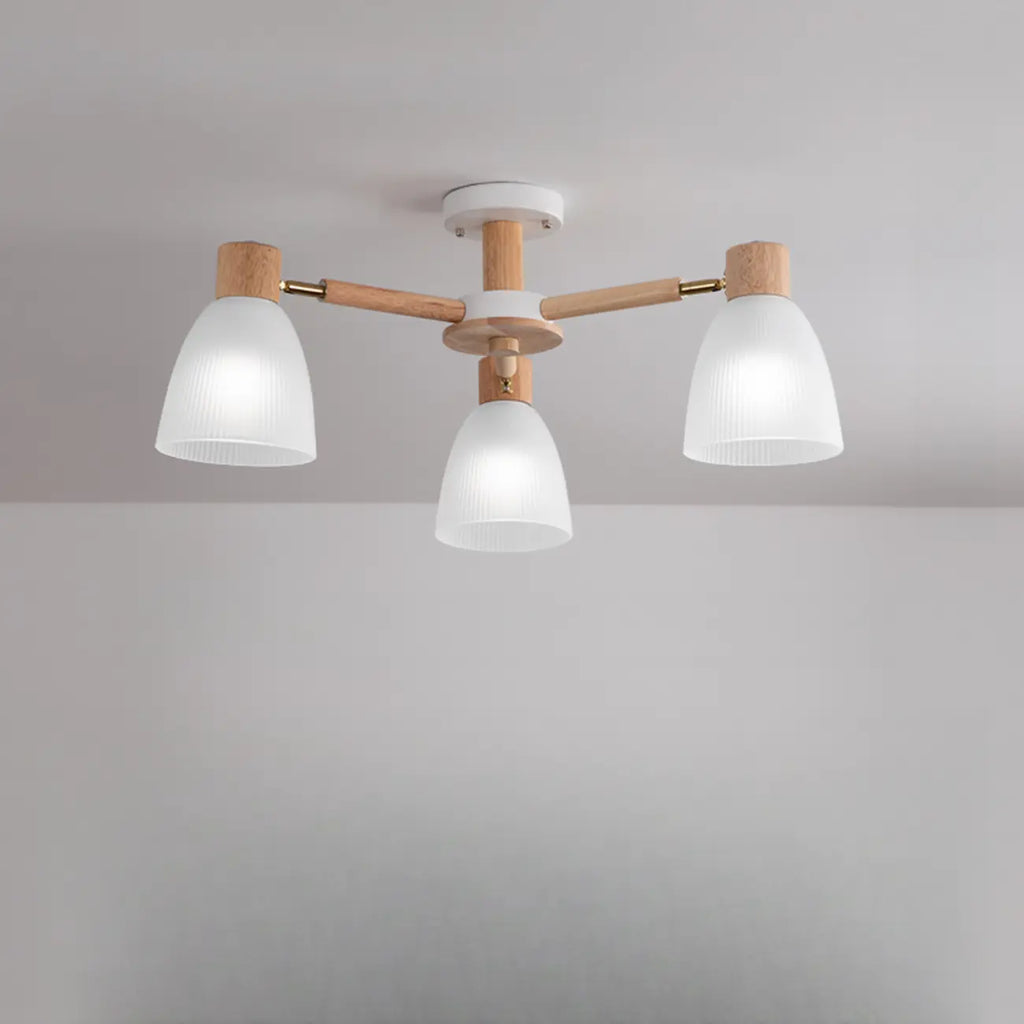 Plafoniera Semiflusso Cono in Vetro Bianco Naturale e Legno