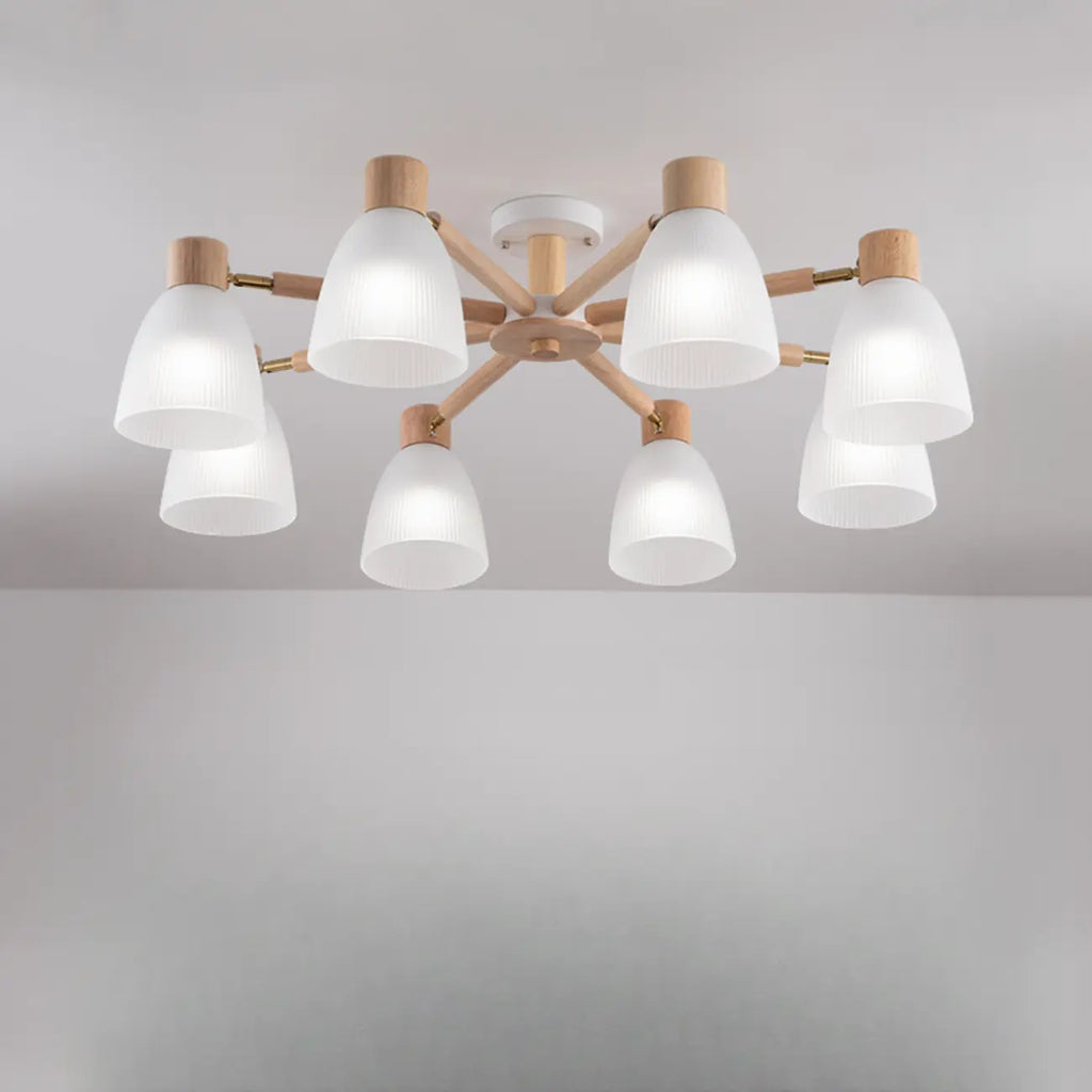 Plafoniera Semiflusso Cono in Vetro Bianco Naturale e Legno