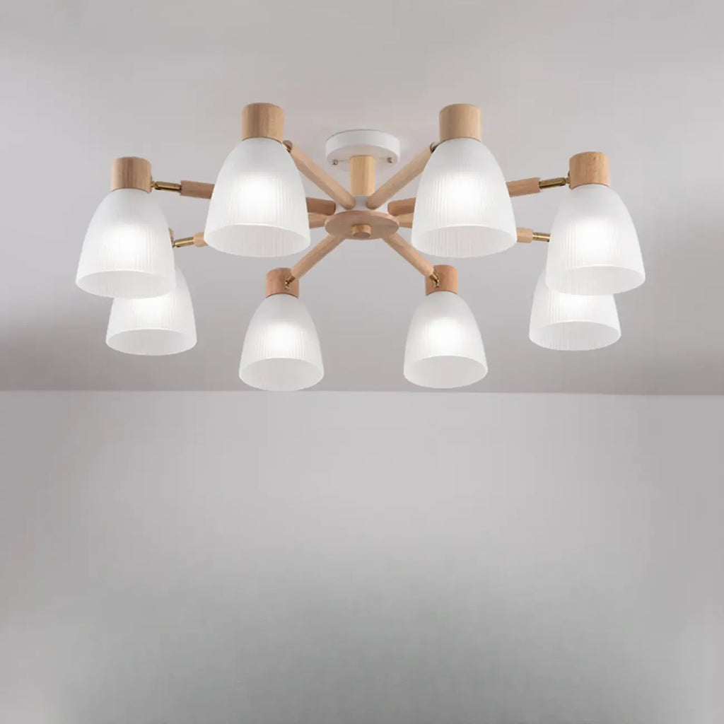 Plafoniera Semiflusso Cono in Vetro Bianco Naturale e Legno