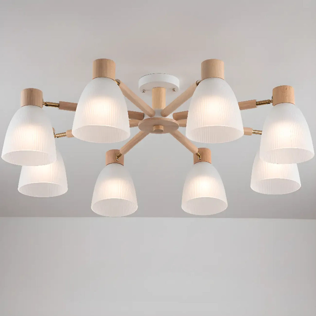Plafoniera Semiflusso Cono in Vetro Bianco Naturale e Legno
