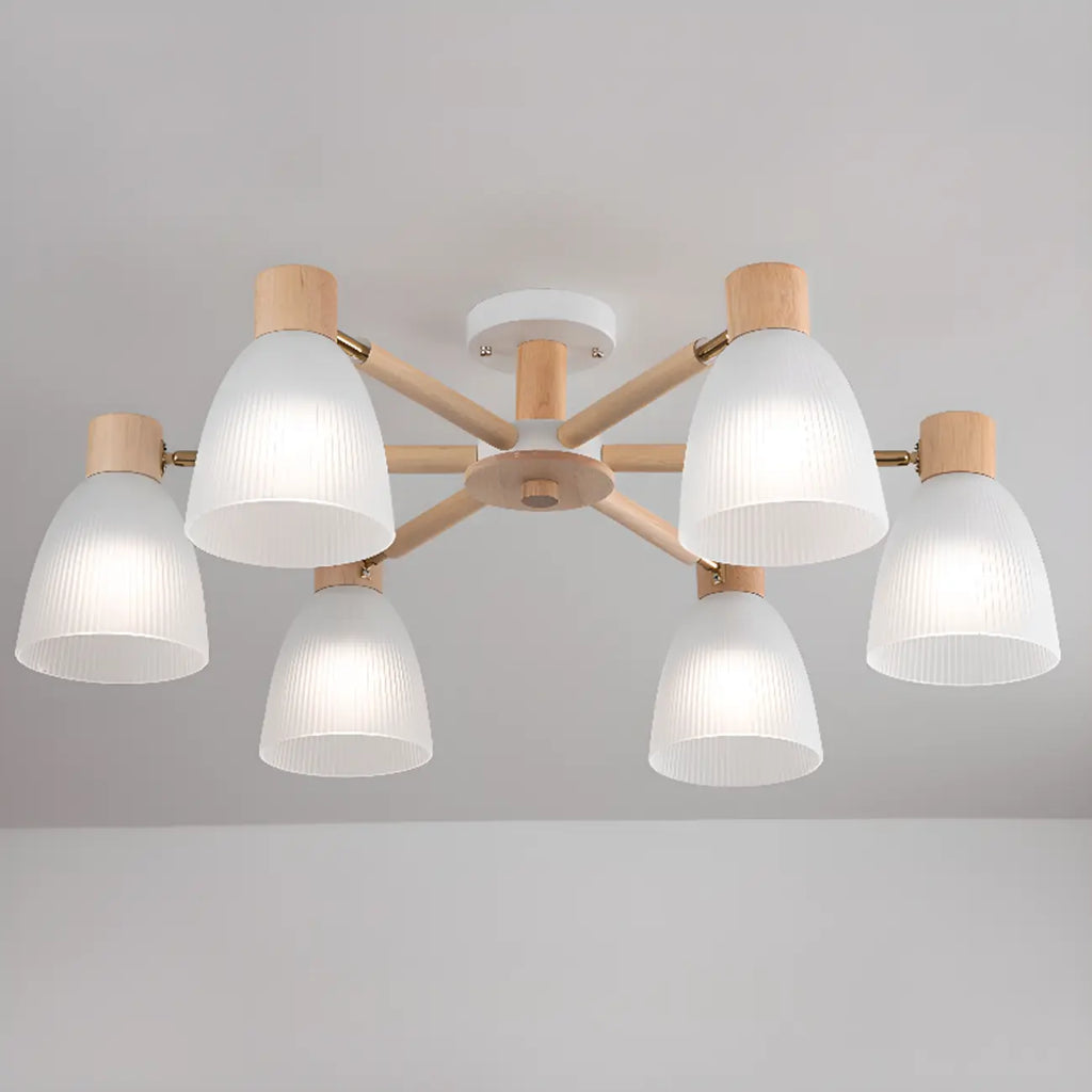 Plafoniera Semiflusso Cono in Vetro Bianco Naturale e Legno