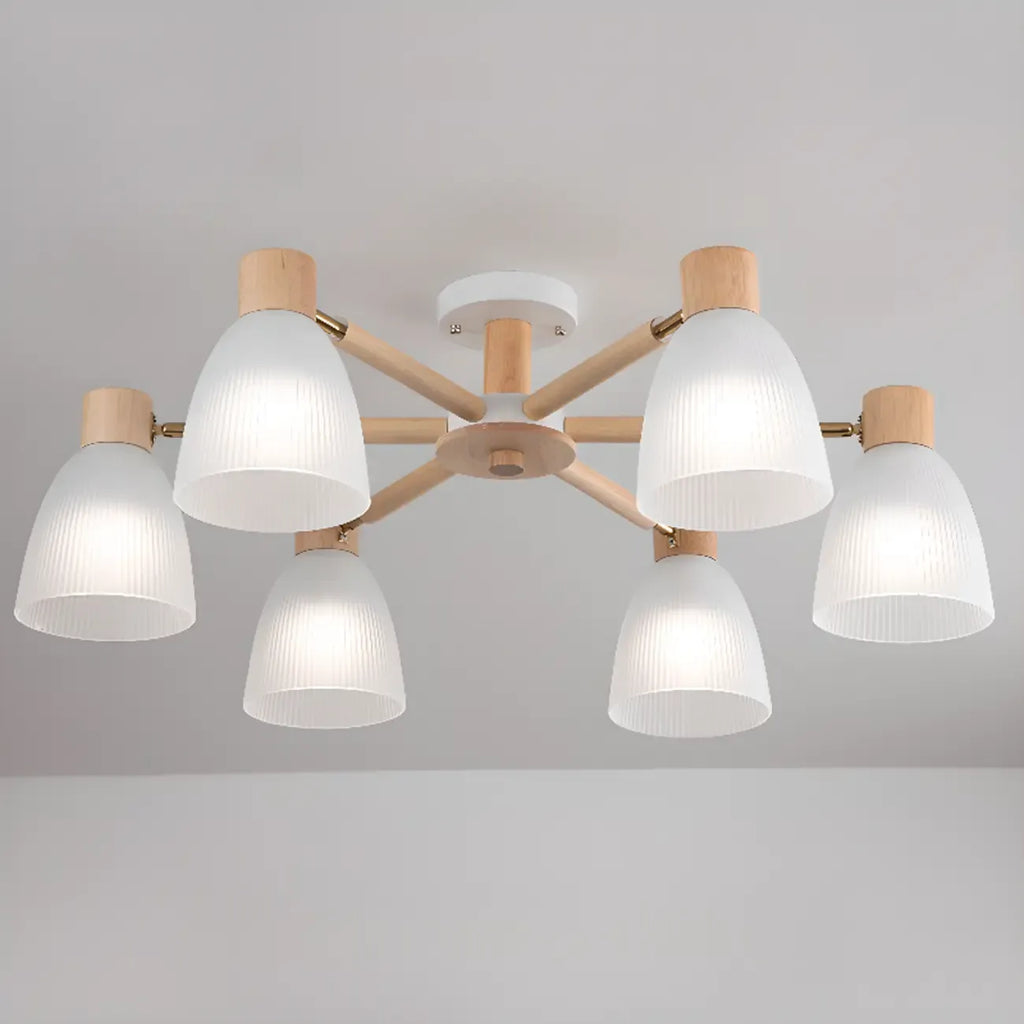 Plafoniera Semiflusso Cono in Vetro Bianco Naturale e Legno