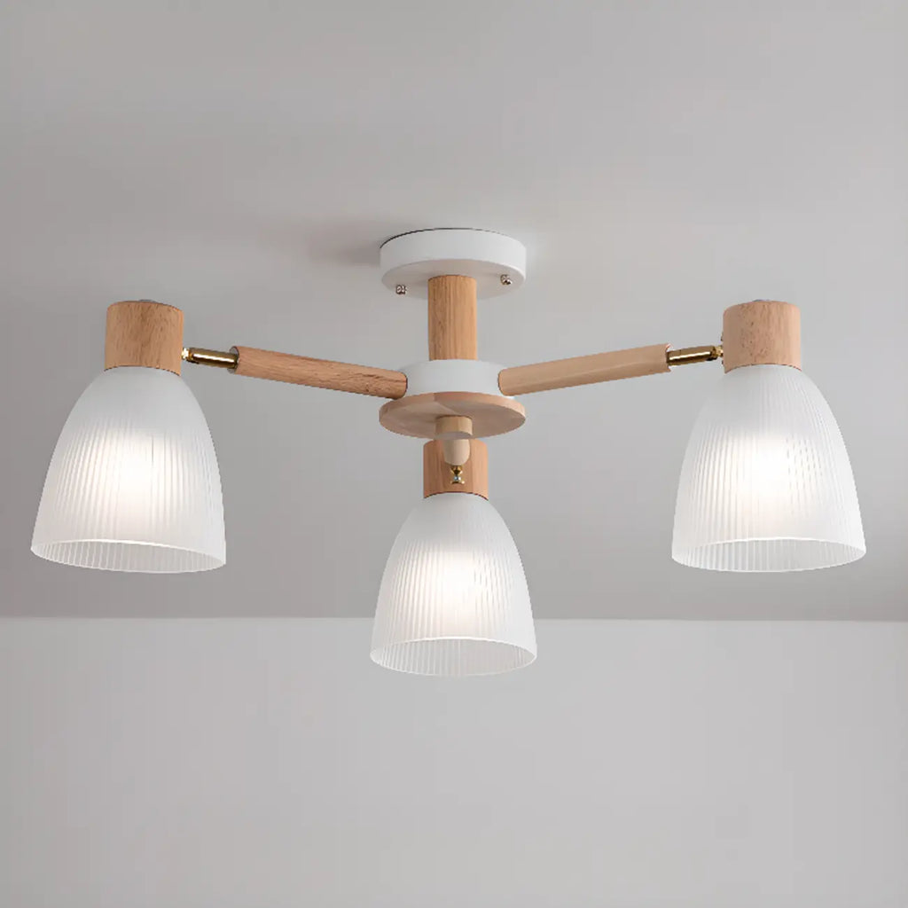 Plafoniera Semiflusso Cono in Vetro Bianco Naturale e Legno