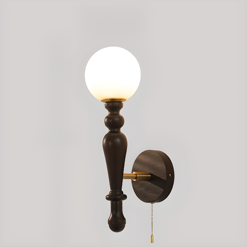 Applique murale rétro en bois avec abat-jour boule et chaînette