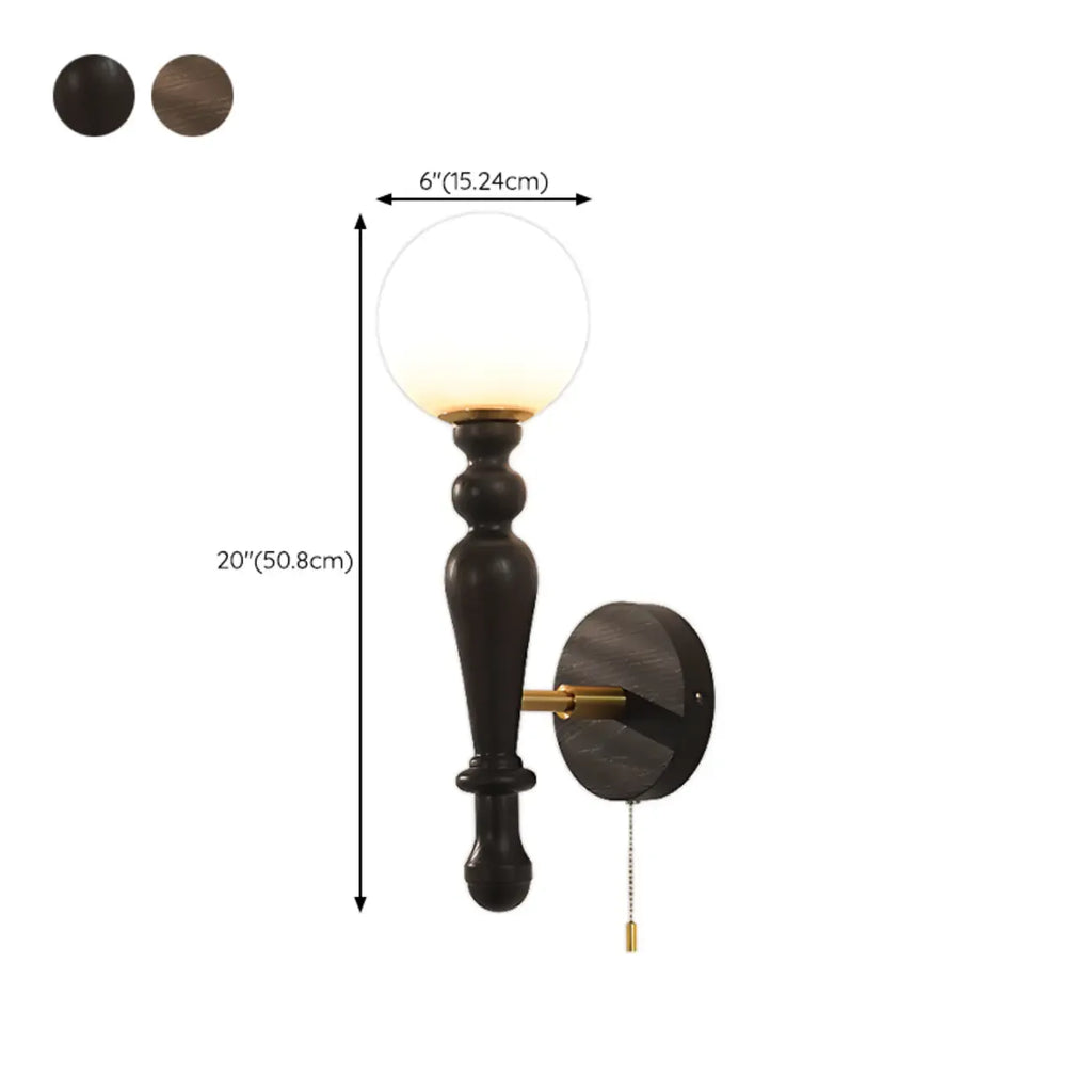 Applique murale rétro en bois avec abat-jour boule et chaînette