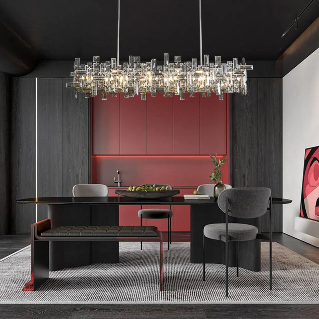 Suspension LED moderne en cristal pour îlot de cuisine, avec variateur à 3 niveaux d'intensité.