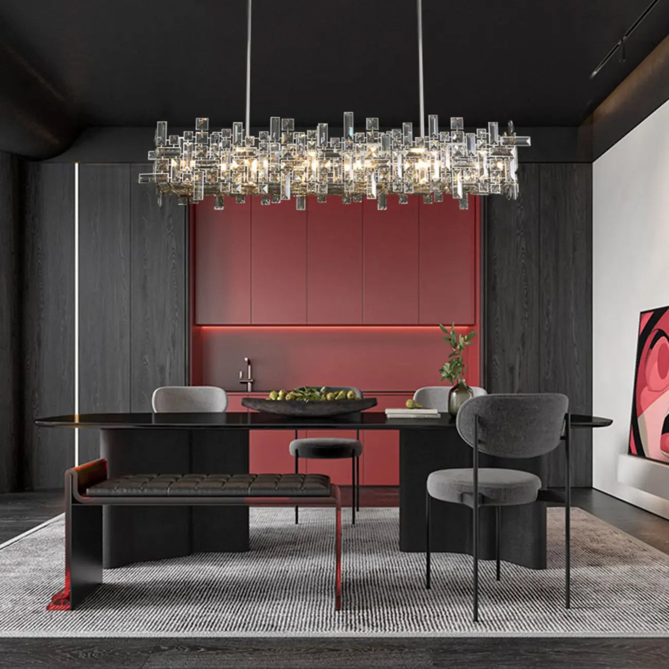 Suspension LED moderne en cristal pour îlot de cuisine, avec variateur à 3 niveaux d'intensité.